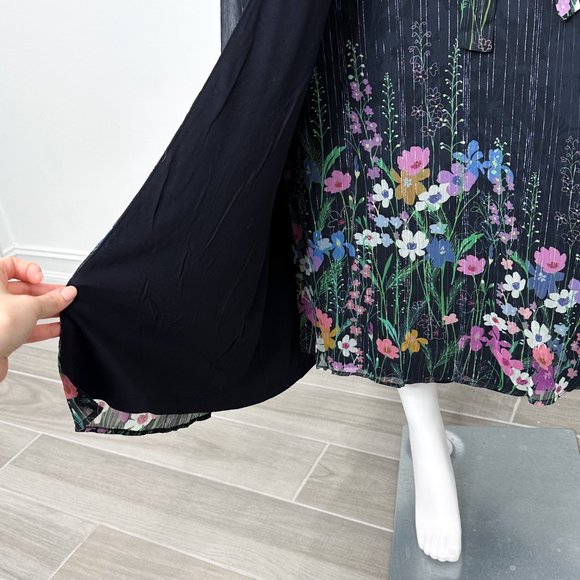 Anthropologie Laia Metallic Floral Print Midi Wrap Dress Black Navy Women's Sz S - Picture 14 of 17